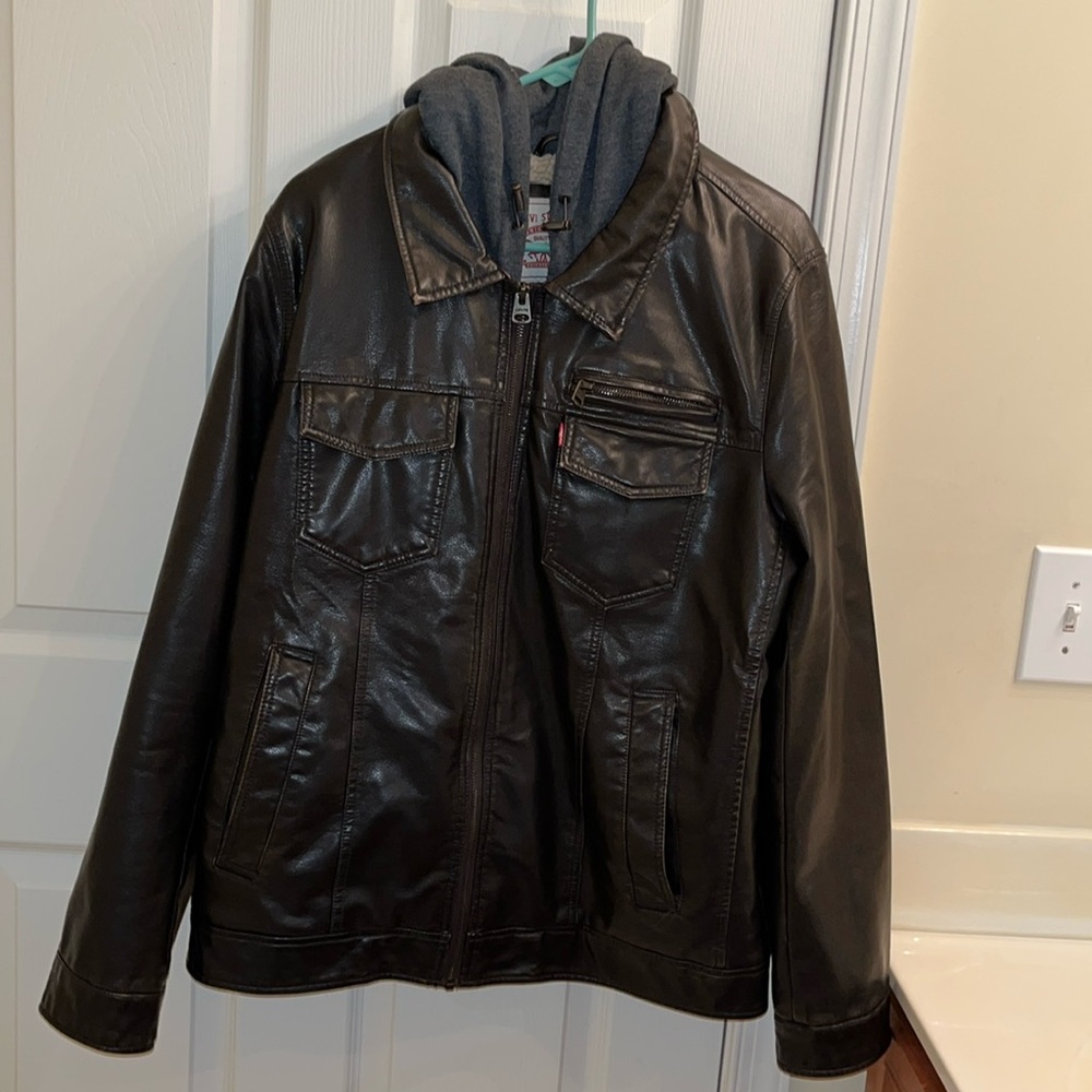 Levi’s Faux Leather Sherpa Trucker Aviator Hooded Jacket Brown Mens Size M